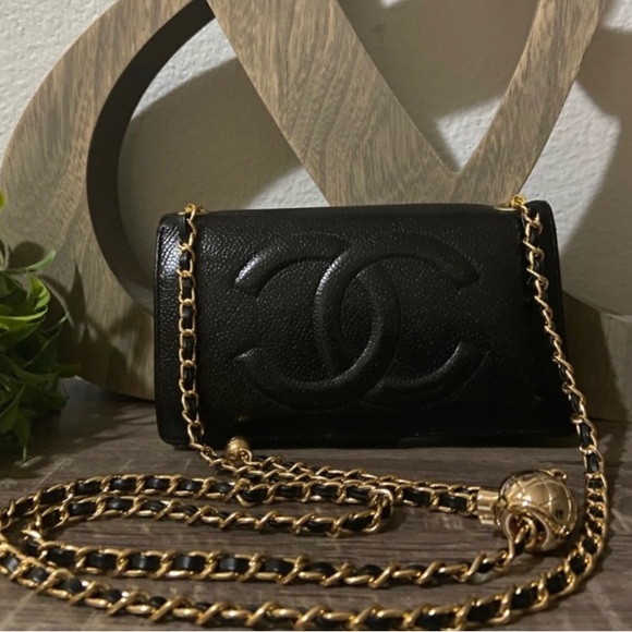 Chanel Pearl Crush Style Wallet Chain Adjustable Crossbody Gold Caviar - Picture 1 of 13